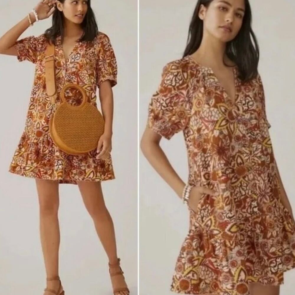 PILCRO x ANTHROPOLOGIE | Boho Puffed Sleeve‎ Floral Tapestry Button Dress | XL